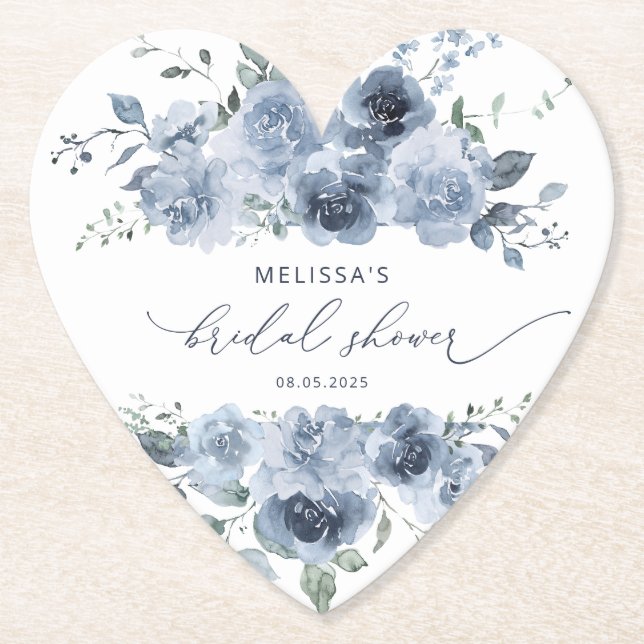 Dusty Blue Floral Elegant Bridal Shower Paper Coaster (Front)