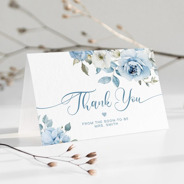 Dusty blue floral elegant bridal shower thank you card (Creator Uploaded)