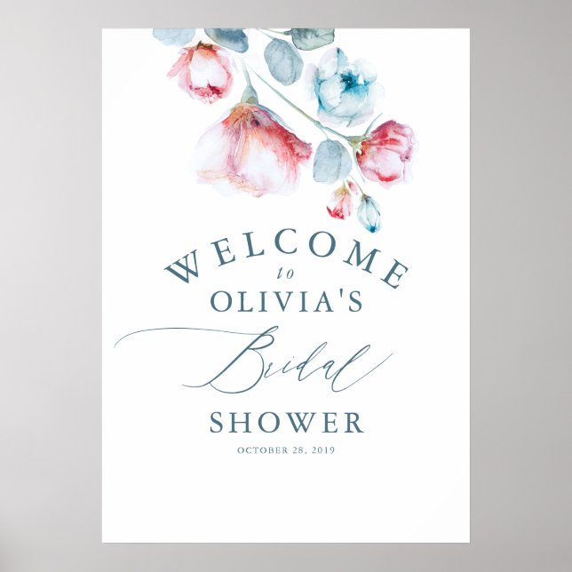 Dusty Blue Floral Elegant Bridal Shower Welcome Poster (Front)