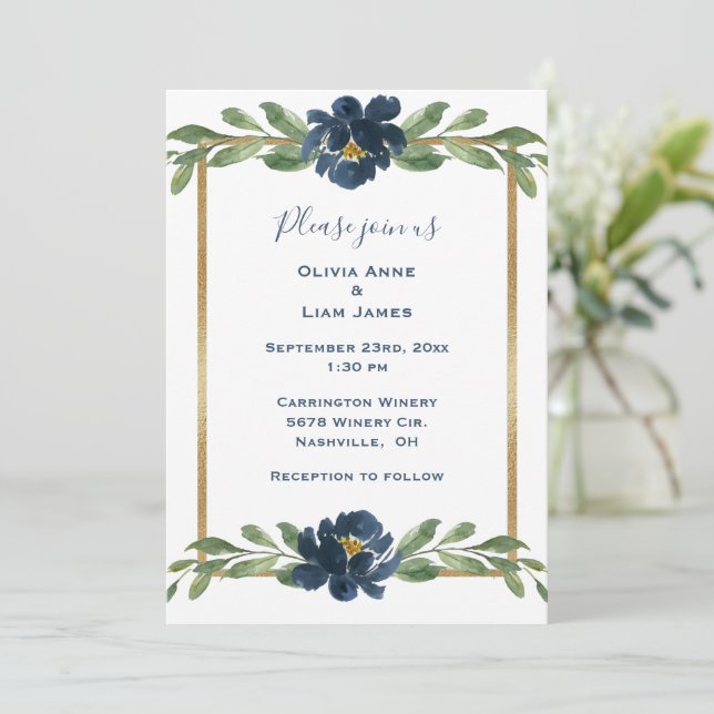 Dusty Blue Floral Elegant Floral Gold Wedding Invitation (Standing Front)