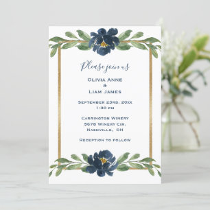 Dusty Blue Floral Elegant Floral Gold Wedding Invitation