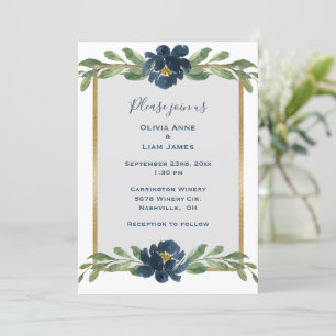 Dusty Blue Floral Elegant Floral Gold Wedding Invitation