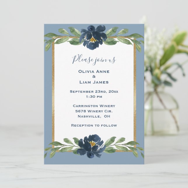 Dusty Blue Floral Elegant Floral Gold Wedding Invitation (Standing Front)