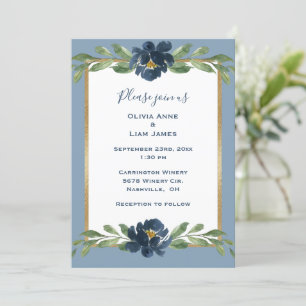 Dusty Blue Floral Elegant Floral Gold Wedding Invitation
