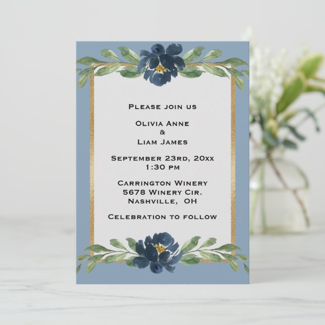 Dusty Blue Floral Elegant Floral Gold Wedding Invitation (Standing Front)