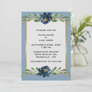 Dusty Blue Floral Elegant Floral Gold Wedding Invitation