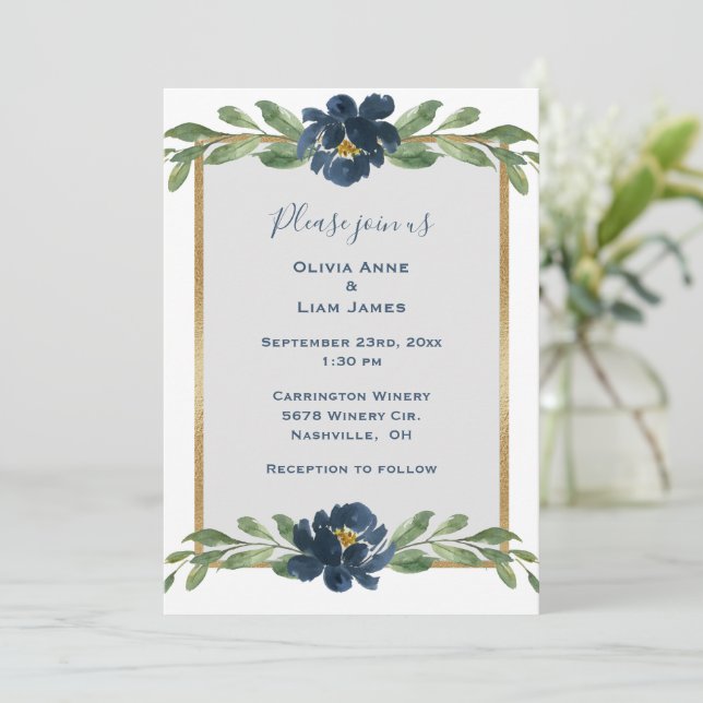 Dusty Blue Floral Elegant Gold Wedding Invitation (Standing Front)