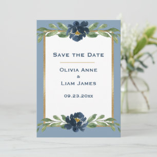 Dusty Blue Floral Elegant Gold Wedding Save The Date