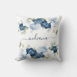 Dusty Blue Floral Elegant Monogram Cushion