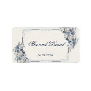 Dusty Blue Floral Elegant Navy Calligraphy Wedding Label