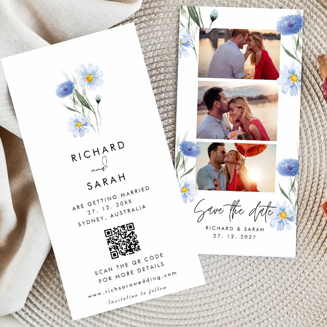 Dusty Blue Floral Elegant Photo strip  Save The Date (Creator Uploaded)