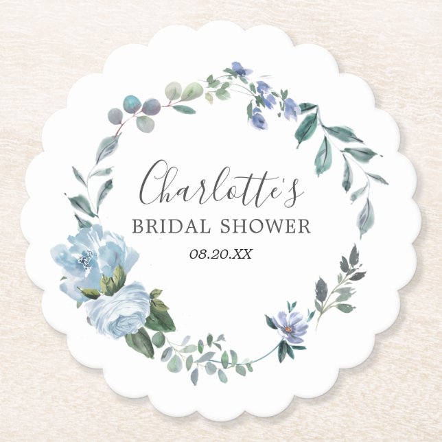 Dusty Blue Floral Elegant Pretty Bridal Shower Paper Coaster (Front)