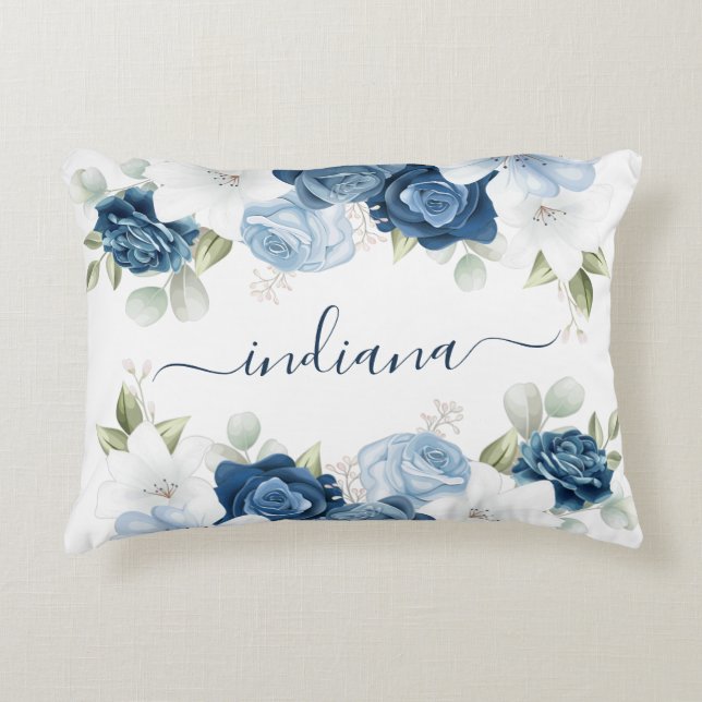Dusty Blue Floral Elegant Script Monogram Decorative Cushion (Front)