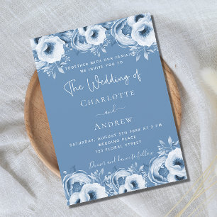 Dusty blue floral elegant script wedding invitation