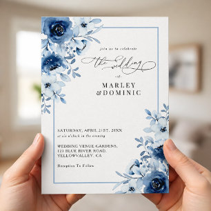 Dusty Blue Floral Elegant Spring Garden Wedding Invitation