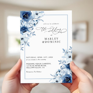 Dusty Blue Floral Elegant Spring Garden Wedding Invitation