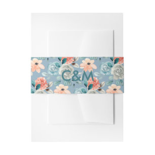 Dusty Blue Floral Elegant Wedding Calligraphy Invitation Belly Band