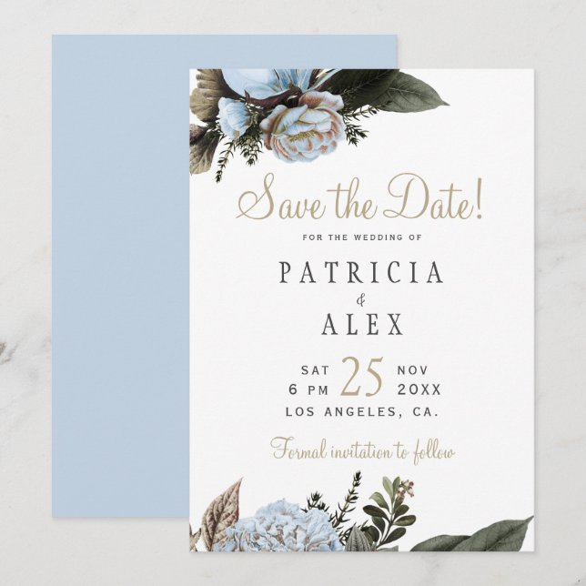 Dusty blue floral elegant wedding save the date (Front/Back)