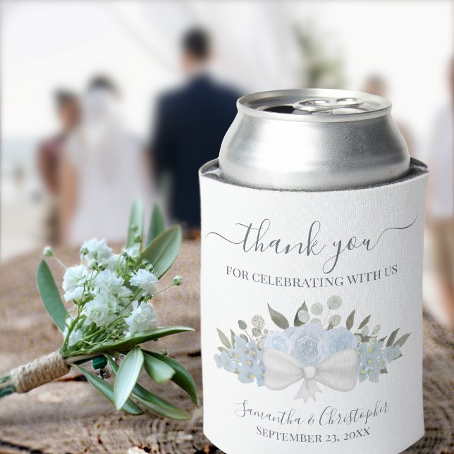 Dusty Blue Floral Elegant Wedding Thank You Can Cooler (Creator Uploaded)