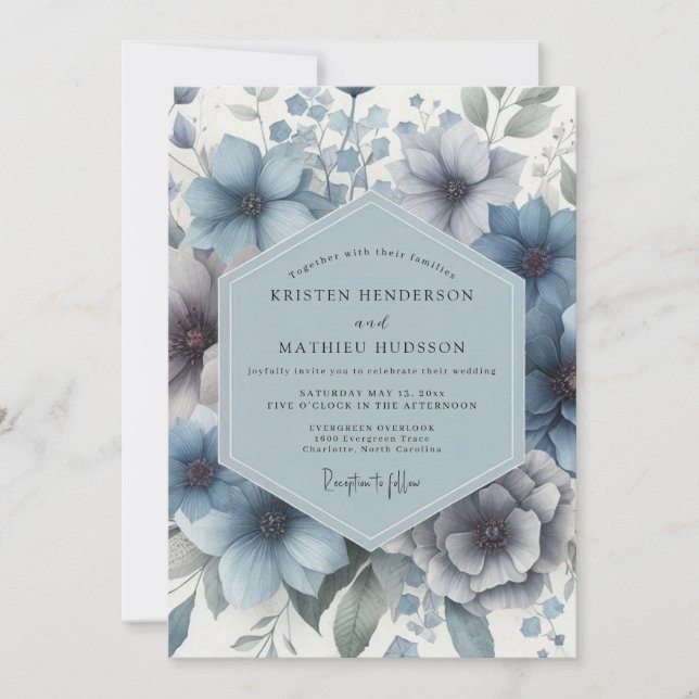 Dusty Blue Floral Enchantment Wedding Invitation (Front)