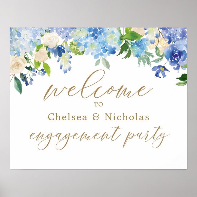 Dusty Blue Floral Engagement Party Welcome Poster (Front)