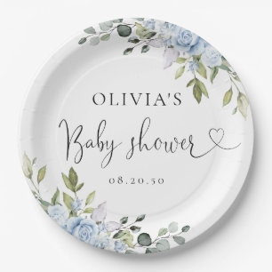 Dusty Blue Floral Eucalyptus Baby Shower Paper Plate