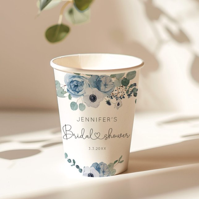 Dusty blue floral eucalyptus bridal shower paper cups (Creator Uploaded)