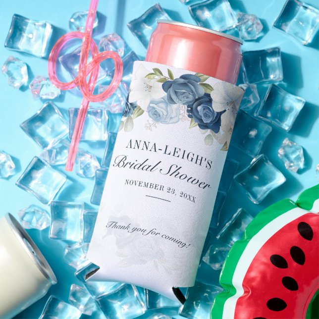 Dusty Blue Floral Eucalyptus Bridal Shower Seltzer Can Cooler (In Situ Summer)