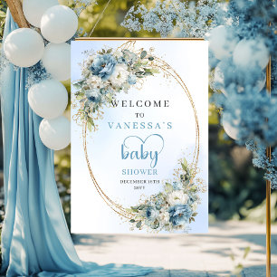 Dusty Blue Floral Eucalyptus Gold Baby Shower Welc Poster