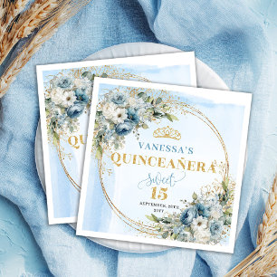 Dusty Blue Floral Eucalyptus Gold Quinceañera Napkin