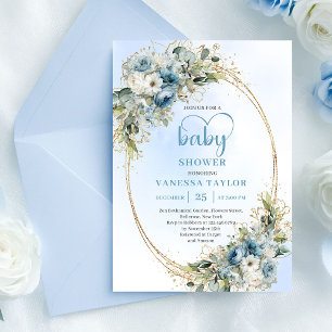 Dusty Blue Floral Eucalyptus Gold Script Baby Show Invitation