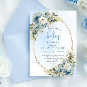 Dusty Blue Floral Eucalyptus Gold Script Baby Show Invitation