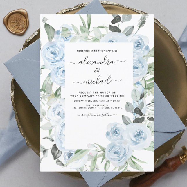 Dusty Blue Floral Eucalyptus Greenery Wedding Invi Invitation (Creator Uploaded)