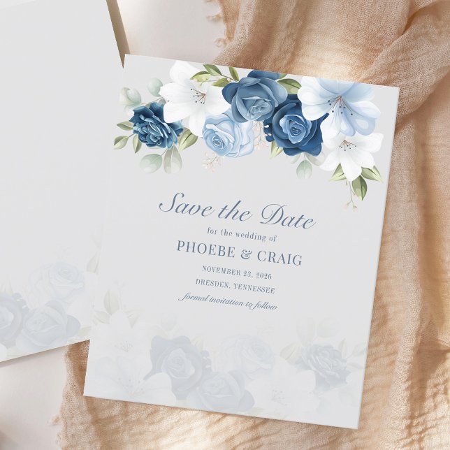 Dusty Blue Floral Eucalyptus Save The Date (Dusty Blue Floral Script Watercolor Save the Date Budget Announcement)
