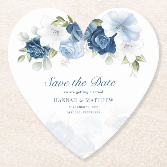 Dusty Blue Floral Eucalyptus Save The Date Paper Coaster (Front)