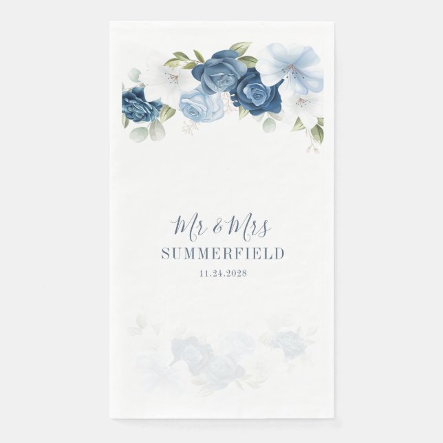 Dusty Blue Floral Eucalyptus Succulent Wedding Napkin (Front)