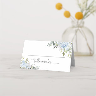 Dusty Blue Floral Eucalyptus Wedding Folded Place Card