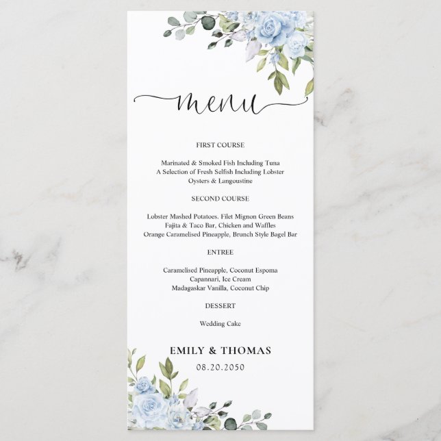 Dusty Blue Floral Eucalyptus Wedding Menu (Front)