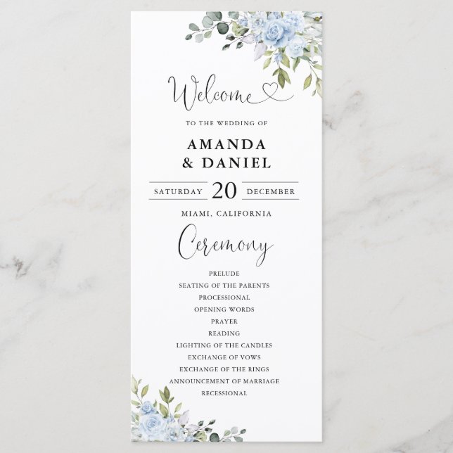 Dusty Blue Floral Eucalyptus Wedding Program Programme (Front)