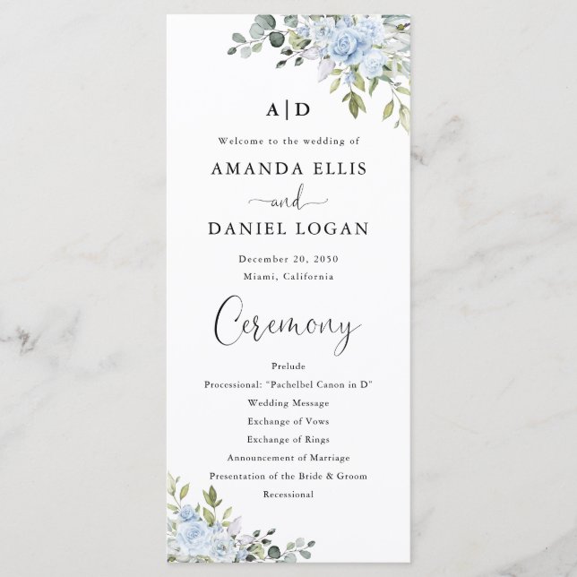 Dusty Blue Floral Eucalyptus Wedding Program Programme (Front)