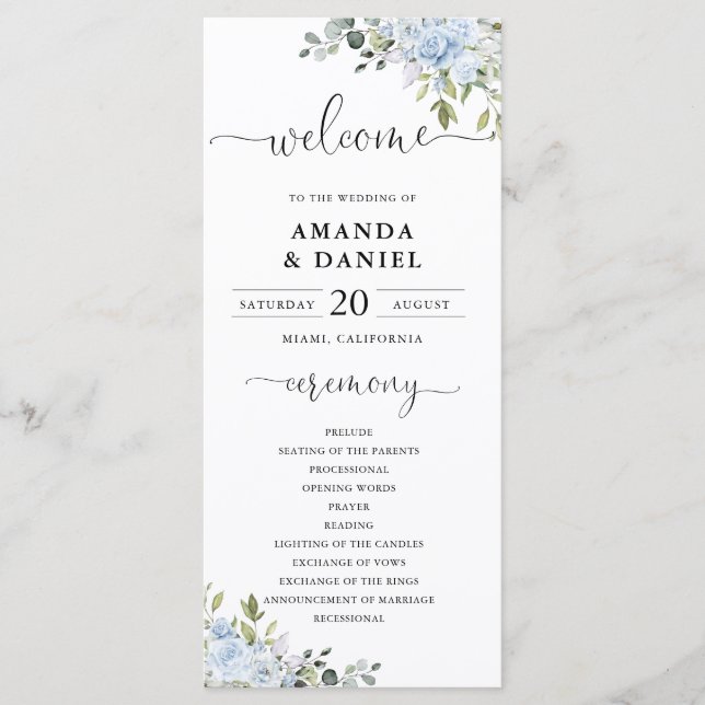 Dusty Blue Floral Eucalyptus Wedding Program Programme (Front)