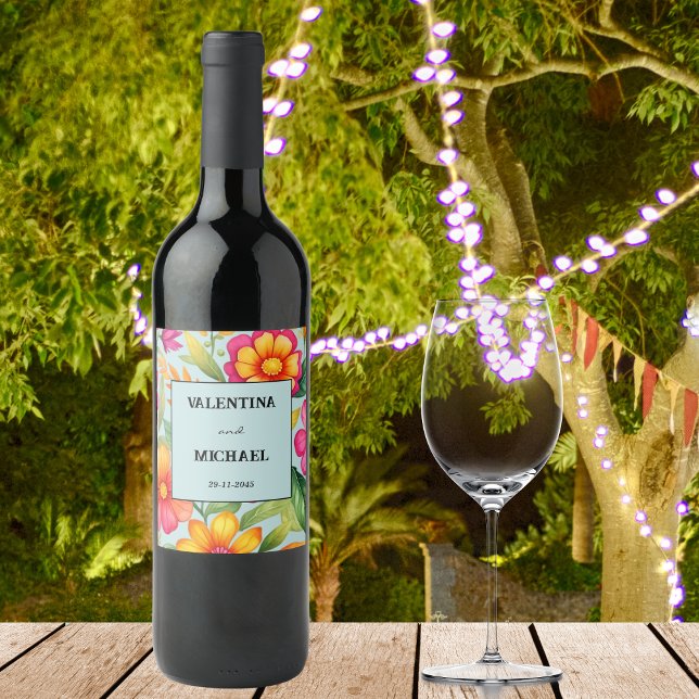 Dusty Blue Floral Fiesta Mexican Wedding Wine Label (Creator Uploaded)