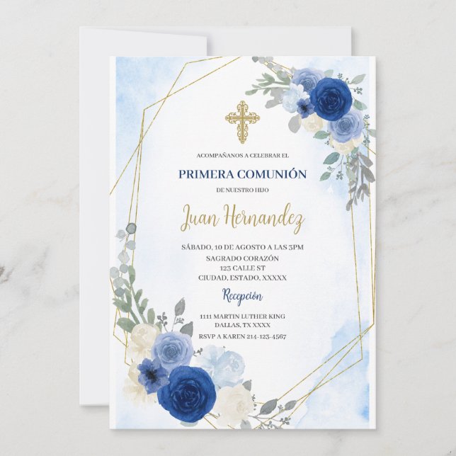 Dusty Blue Floral First Comunion Invitation (Front)
