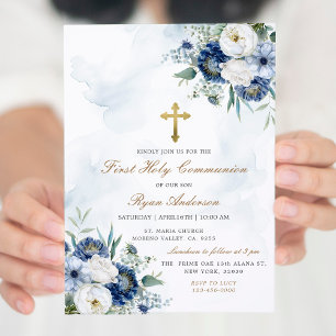 Dusty Blue Floral First Holy Communion  Invitation