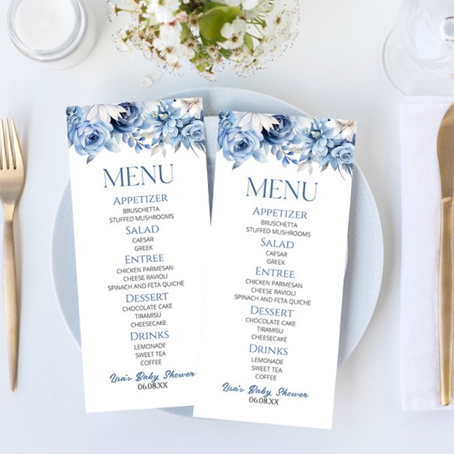 Dusty Blue Floral Flowers Baby Shower Food Menu (Creator Uploaded)