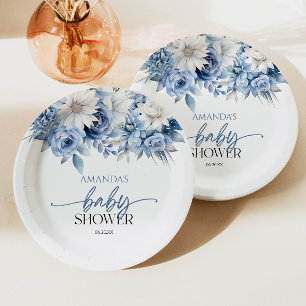 Dusty Blue Floral Flowers Baby Shower Paper Plate