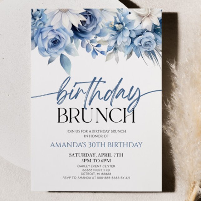 Dusty Blue Floral Flowers Birthday Brunch Party Invitation (Creator Uploaded)