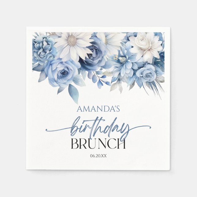 Dusty Blue Floral Flowers Birthday Brunch Party Napkin (Front)