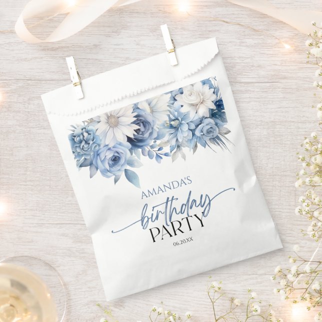 Dusty Blue Floral Flowers Birthday Party Favour Bags (Clipped)