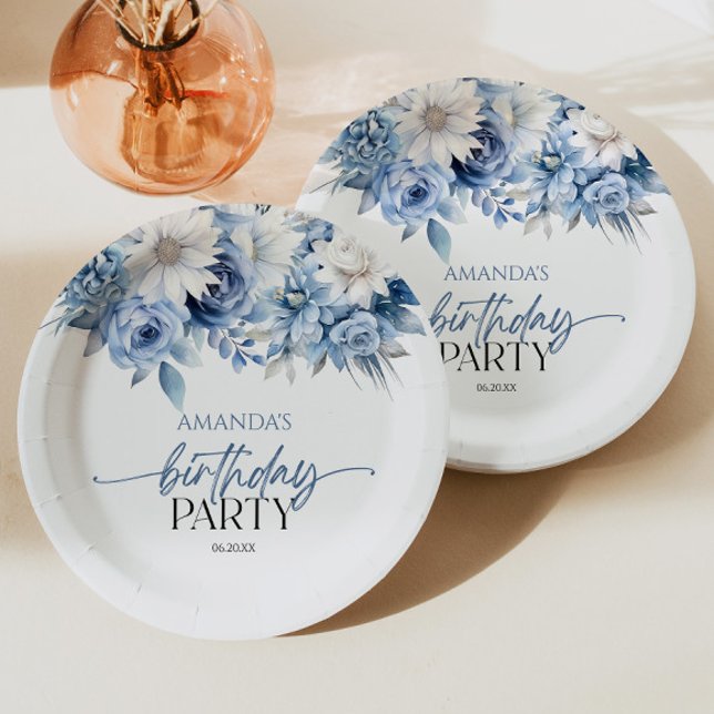 Dusty Blue Floral Flowers Birthday Party Paper Plate (Creator Uploaded)
